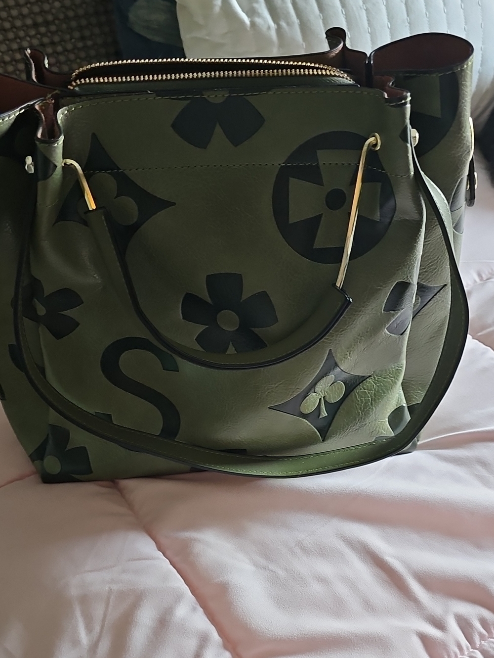 Olive Green Logo-Print Leather Tote Bag